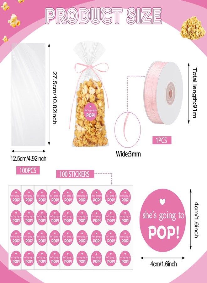 Menkxi 100 Pack Clear Popcorn Bags Bulk 4.92 x 10.83 Inch Cellophane Treat Plastic Party Favors Bags with She Is Going to Pop Label and Ribbon for Gift Wrapping, Food Storage, Baby Shower Decor(Pink) - Image 2